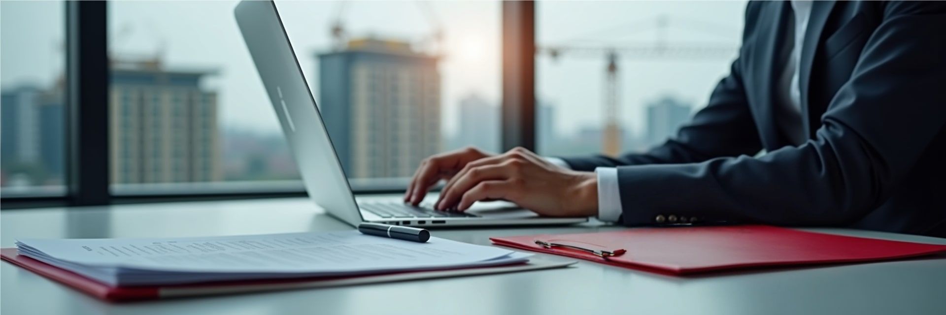 Участие в строительных тендерах требует работы за ноутбуком с документами в современном офисе
